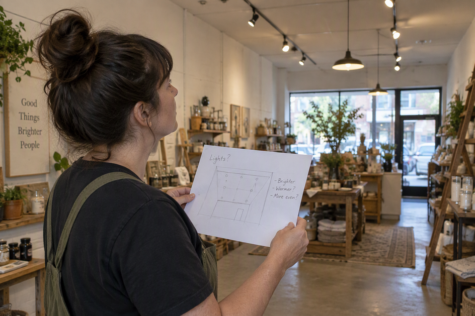 A small-shop owner checks a rough space sketch at a counter, with the sales floor and existing ceiling lights visible in the background.