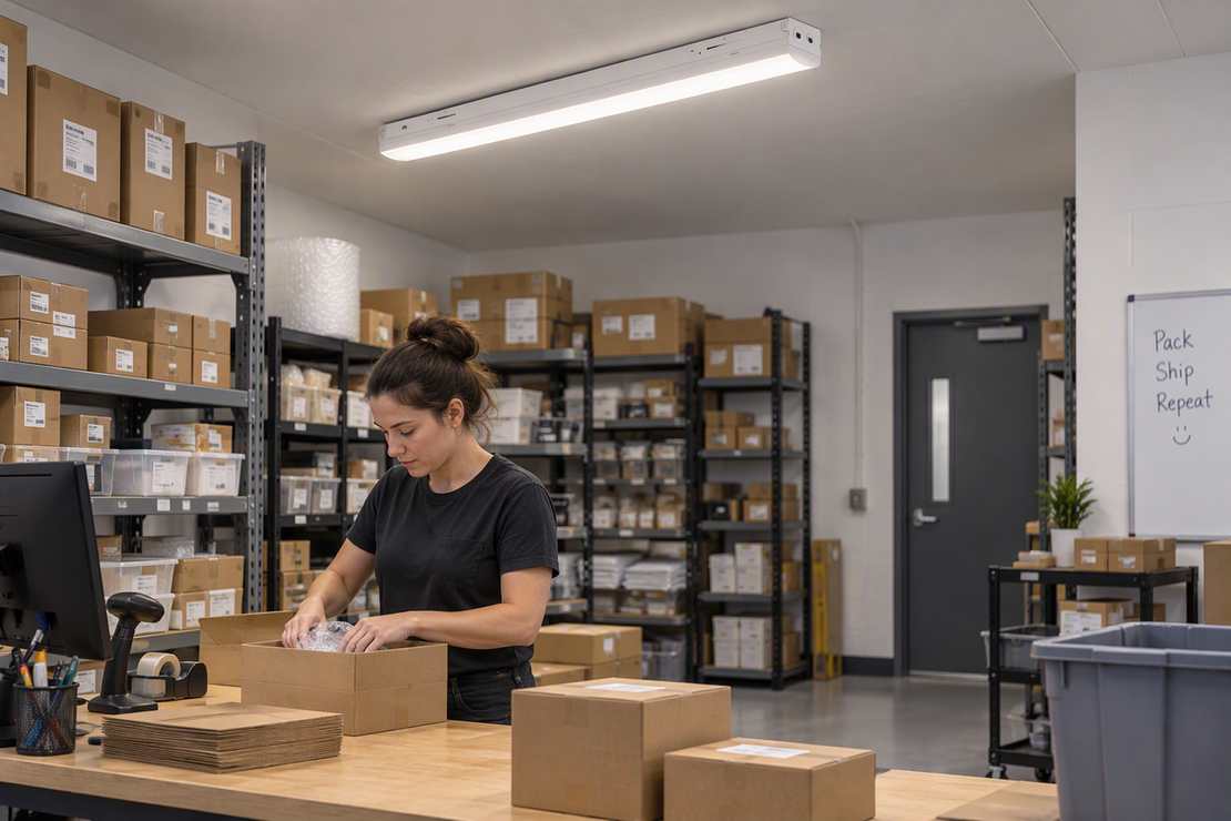 A worker packs cartons in a commercial stockroom beneath a ceiling-level MLF04 linear fixture.
