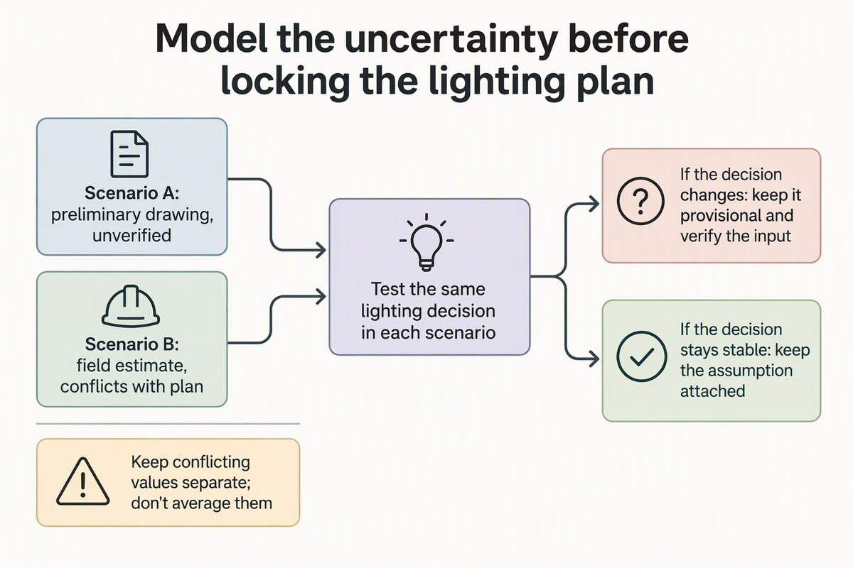 Decision diagram showing a preliminary drawing width and a conflicting field estimate kept as separate cases, with the same lighting decision tested in both.