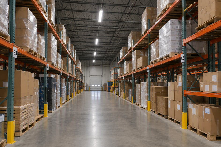 Linear high-bay lights above a warehouse aisle, with shelving and floor space visible below.