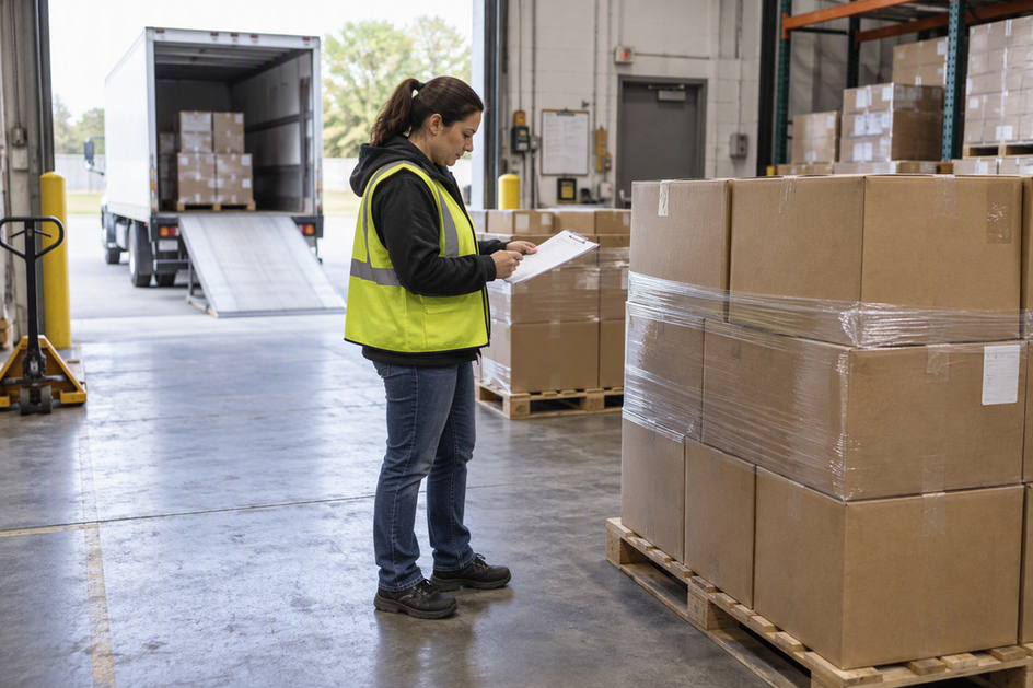 A receiving coordinator checks shipment paperwork beside palletized commercial lighting cartons at a warehouse dock.