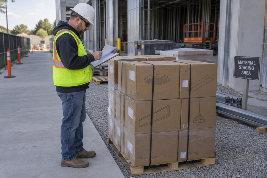 A contractor checks a pallet of lighting cartons as a delivery arrives at a commercial worksite staging area.