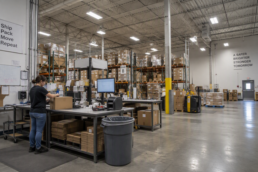 A warehouse employee takes a wide photo from the floor showing a shipping desk and neighboring overhead lights.