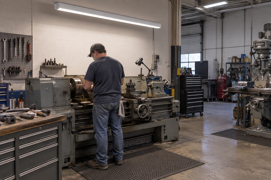 A relocated manual lathe sits beneath an existing linear shop light as the operator's position shades the chuck.