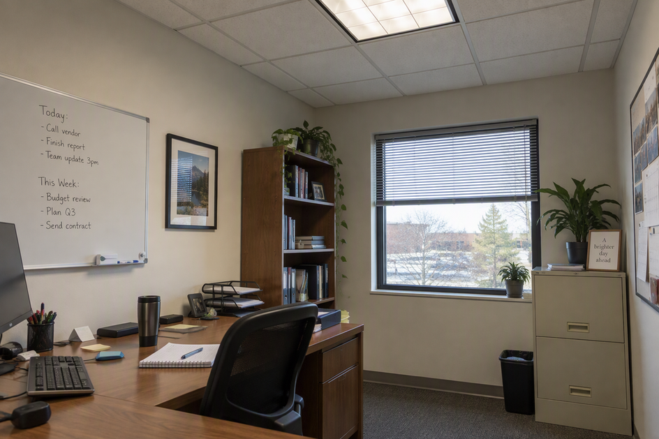 A small office with a visible suspended ceiling grid and an existing rectangular ceiling light, shown at ordinary room scale.