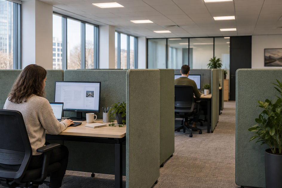 Open office desks separated by acoustic partitions beneath existing ceiling lights.