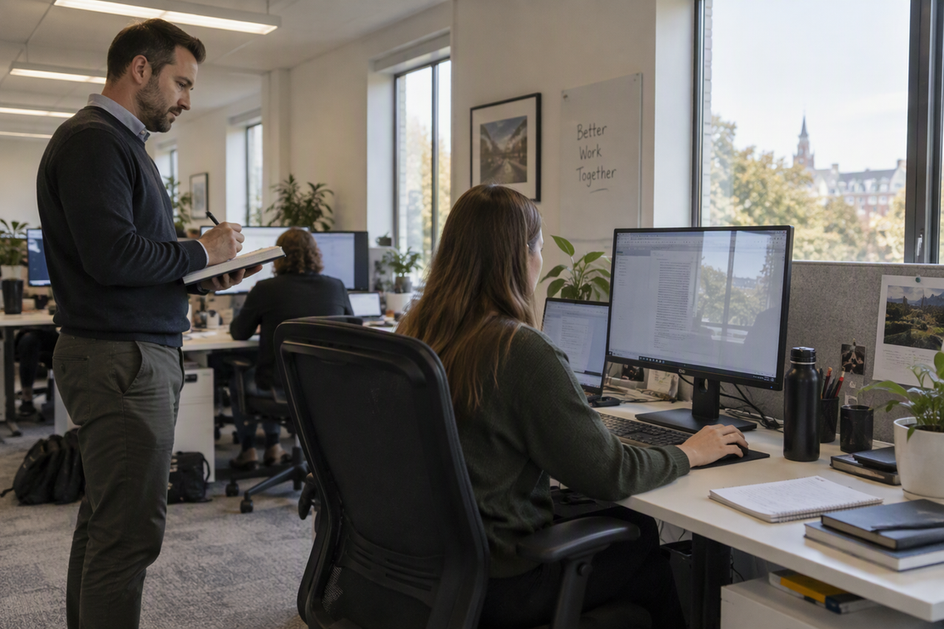 Office worker views a monitor with window glare at a desk beneath existing ceiling lights.