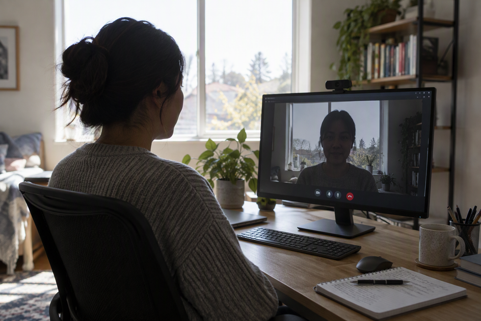 A home-office worker checks a video-call preview while a bright window behind them leaves their face darker than the background.