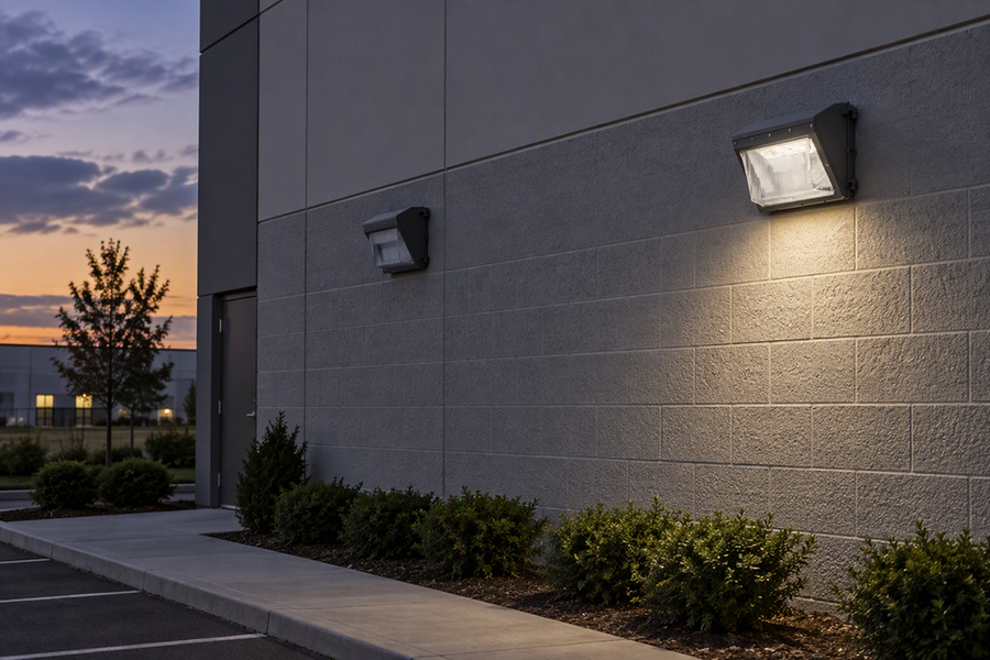 At dusk, one WPC Series wall pack is dark while a nearby wall pack illuminates part of a commercial building exterior.