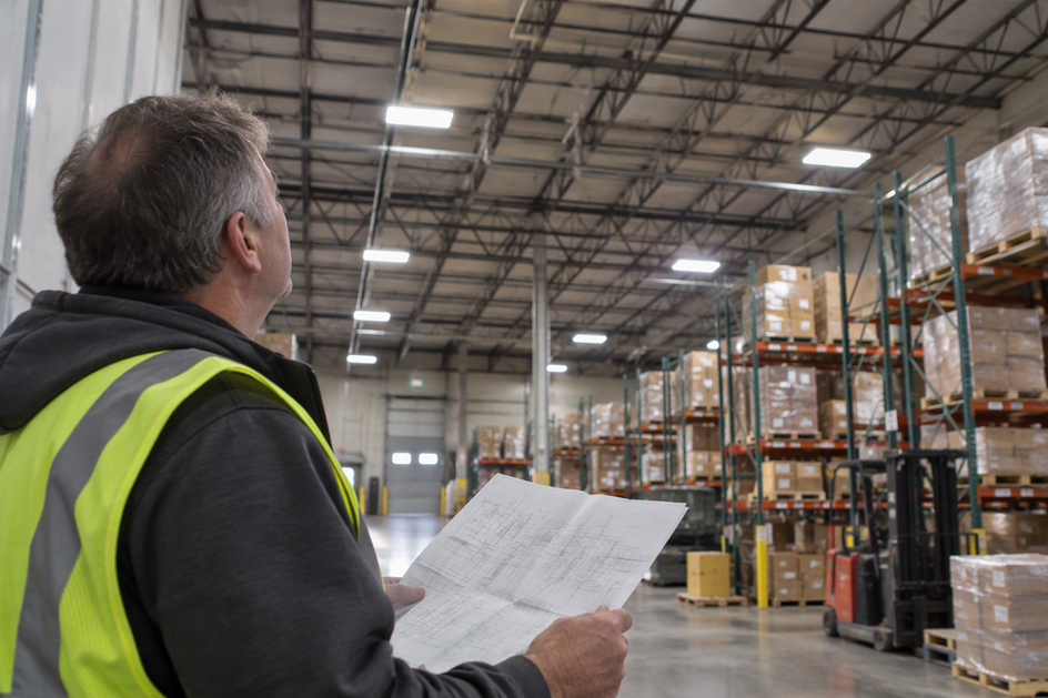 A facilities coordinator reviews a reflected ceiling plan while looking across a working warehouse ceiling and equipment layout.