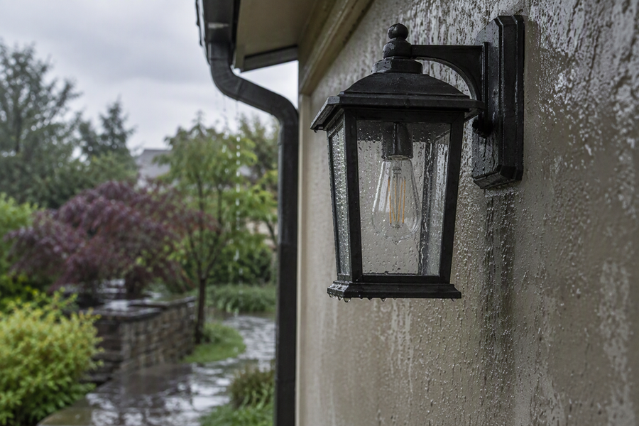 An outdoor wall light on a building exterior after rain, with moisture visible on the surrounding wall and no one approaching or touching the fixture.