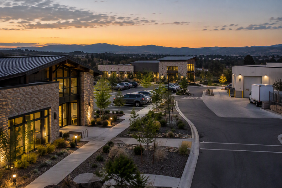 Several separate commercial buildings with a walkway, parking area, and service drive visible between them at dusk.