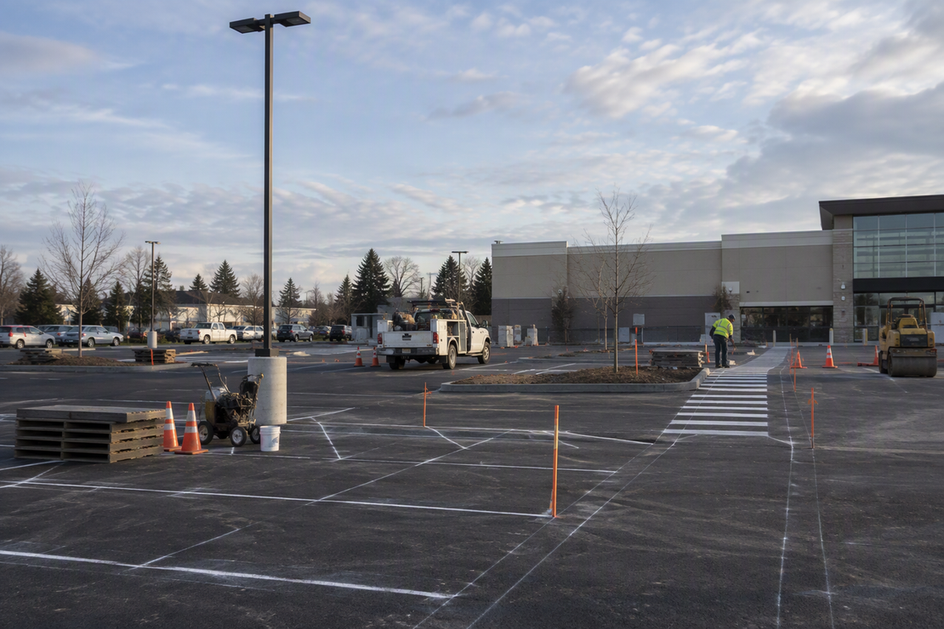Existing parking-lot light poles overlook a site where parking stalls and a pedestrian route are still being reconfigured.