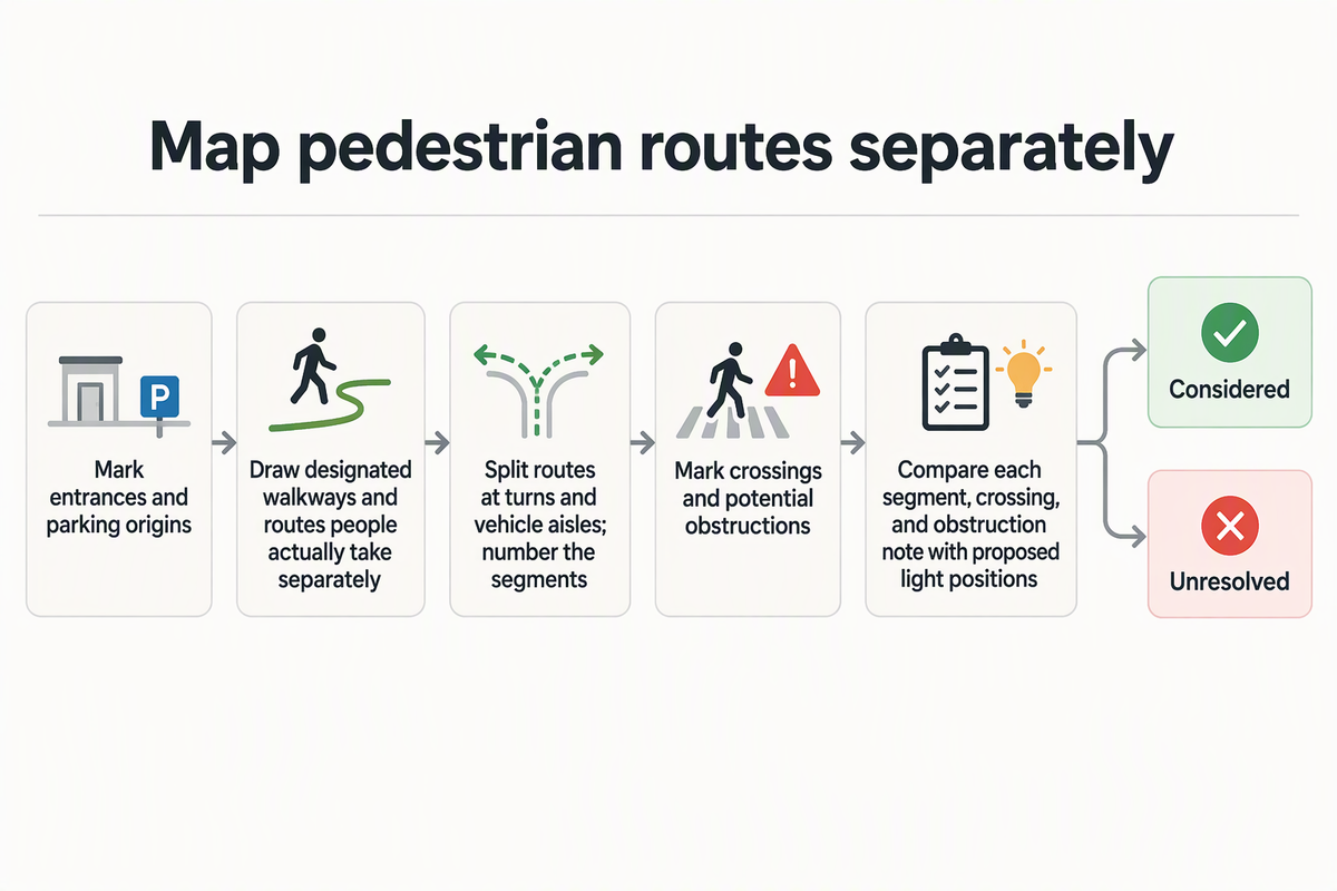 Site-plan diagram showing pedestrian routes, crossings, and obstructions mapped separately before comparison with proposed light positions.