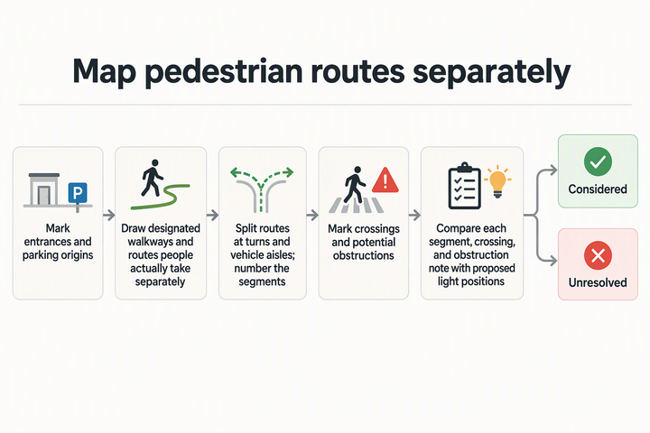 Parking Lot Lighting for Pedestrians: Map Walking Routes Separately