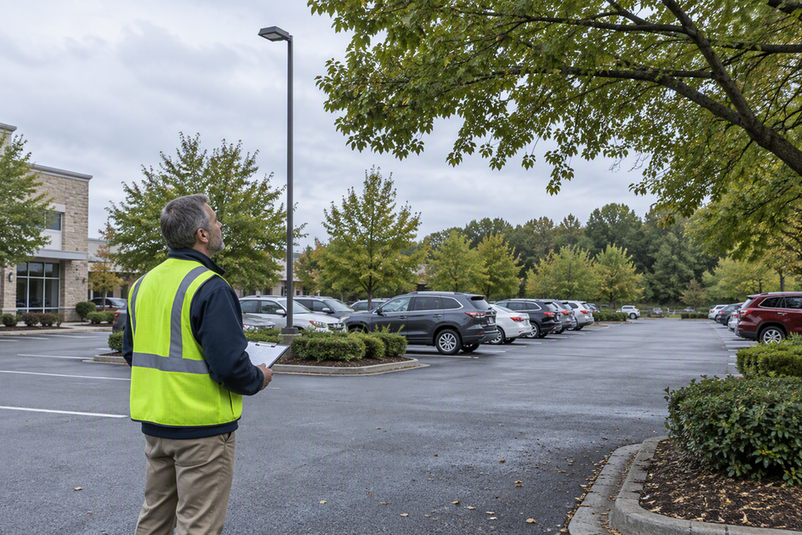 A facilities manager walks the edge of a commercial parking lot beneath tree branches near a pole-mounted area light, checking a real site condition.