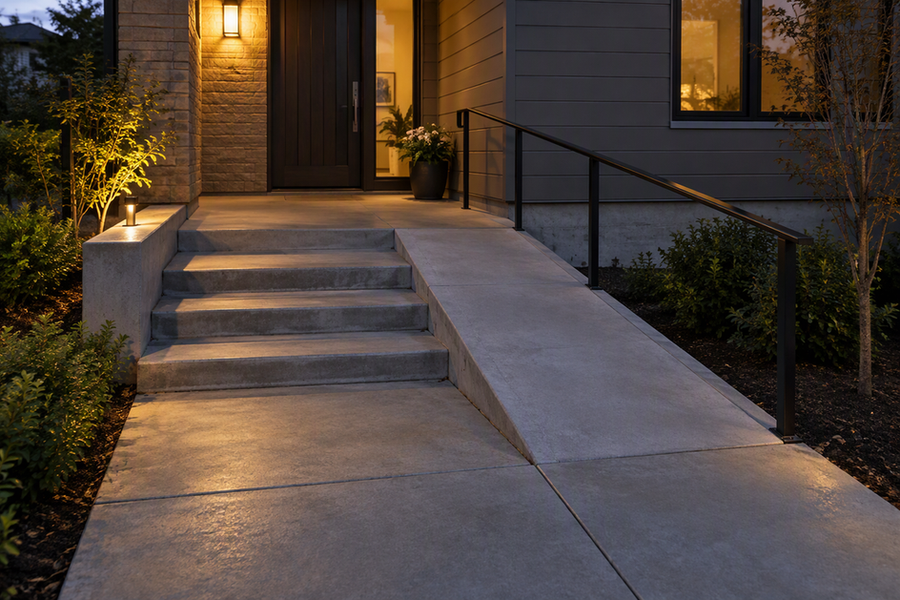 Exterior home entry with steps, an adjacent ramp, and landing visible under practical nighttime lighting