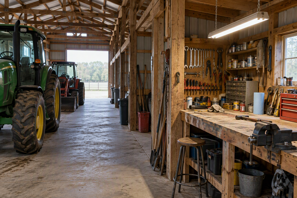 Pole barn interior with a tractor-storage aisle, a separate workbench area, and one suspended light fixture.