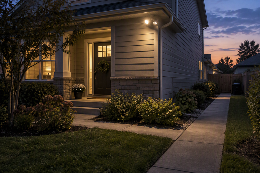 An outdoor security light mounted beneath a house eave near the corner, with a front walk and side path approaching from different directions.
