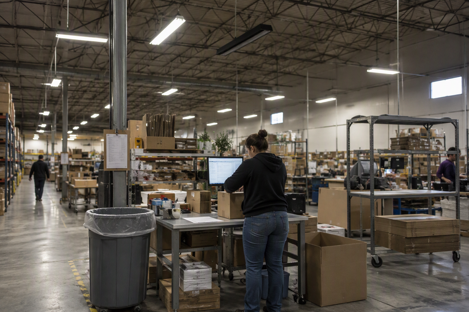 A commercial packing station beneath one unlit overhead fixture, with neighboring fixtures illuminating the work area.