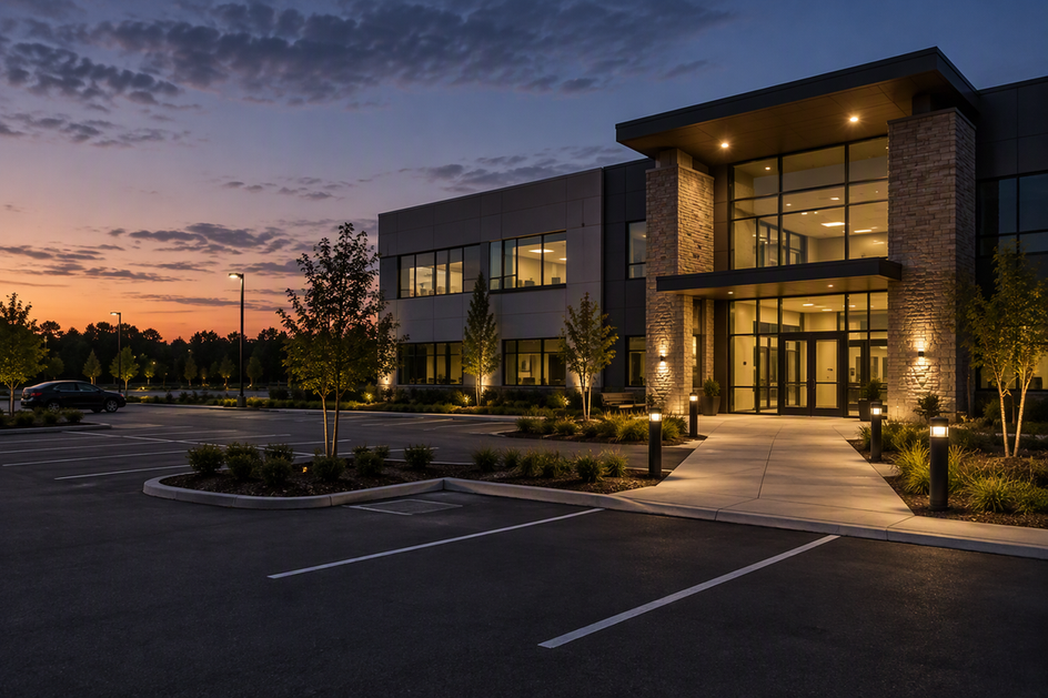 Commercial property at dusk with exterior lights illuminating the main entrance and walkway, with a parking area beyond.