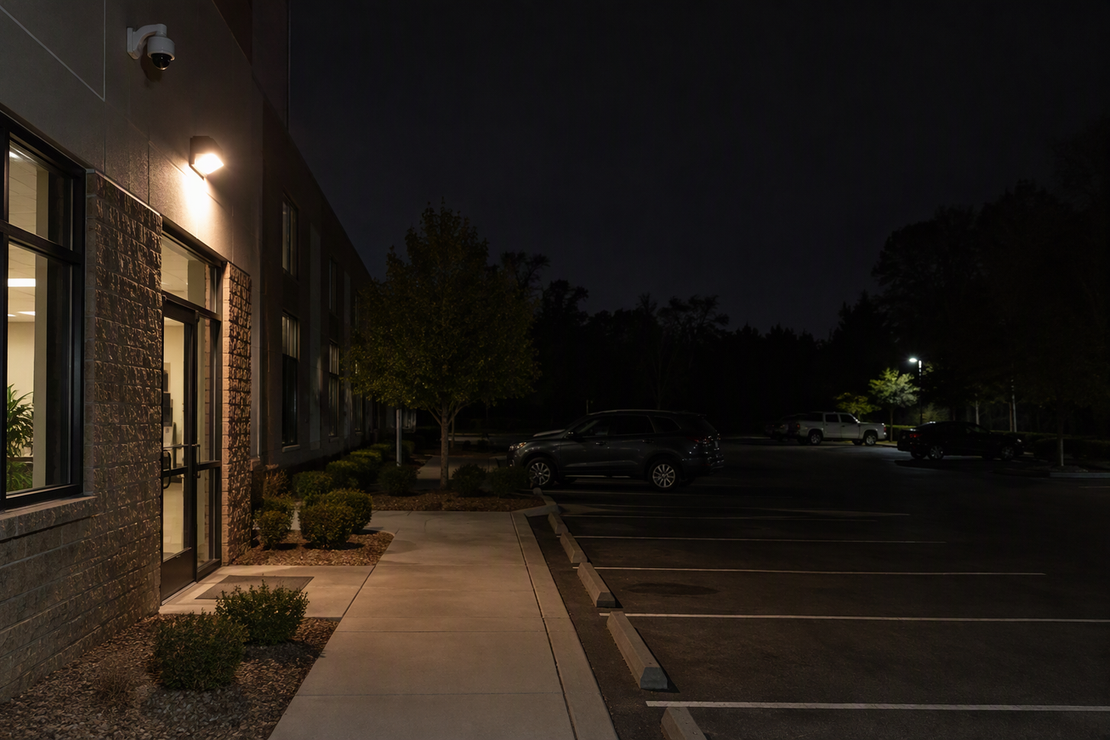 Nighttime view of a commercial parking area with a wall-mounted security camera aimed across the lot; a bright area light is visible in the scene while a more distant section of stalls appears dimmer.