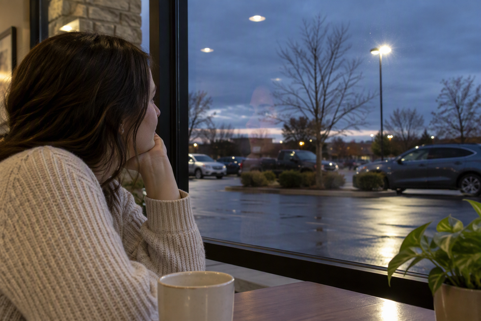 View from a commercial office at dusk, with a parking-area light and its faint reflection visible in the window.
