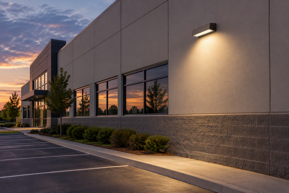 LED wall pack mounted on a commercial exterior at dusk, lighting the area below the wall.