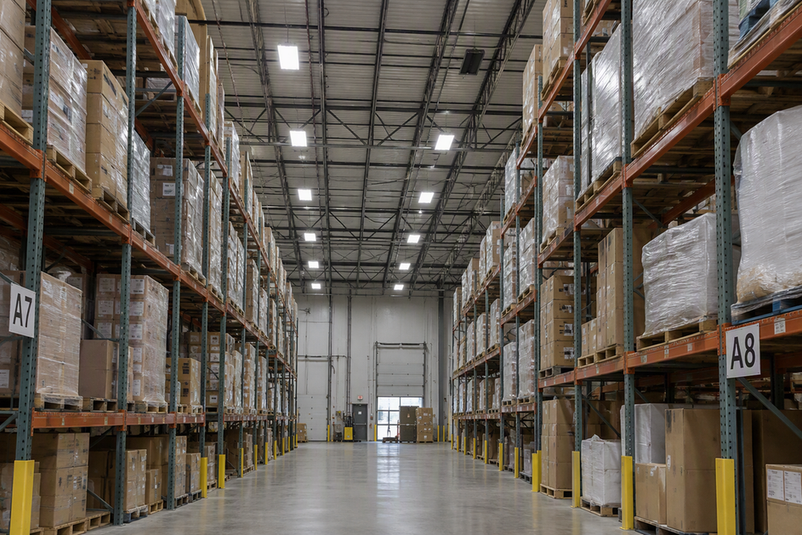 Warehouse aisle under existing high-bay lighting, with one unlit fixture among illuminated fixtures overhead.
