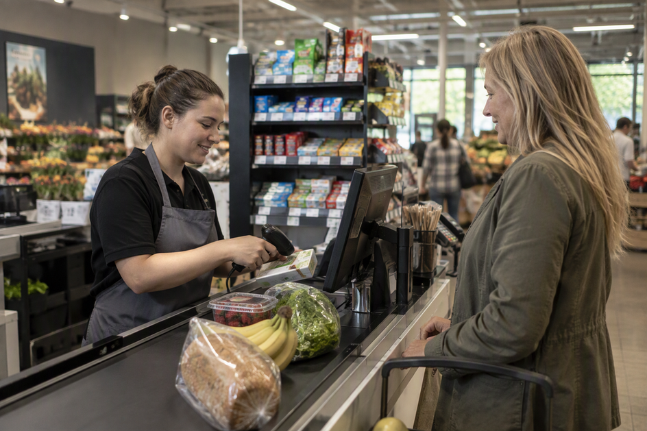 Cashier at a retail checkout counter with a product display behind it under general store lighting.