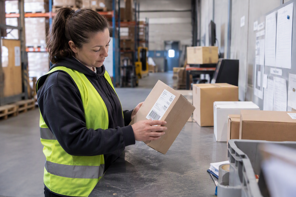 At a fixed warehouse returns bench, an operator checks a shipping label while other cartons wait nearby for the same inspection task.