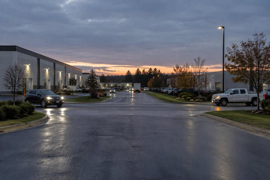 A commercial service drive at blue hour, with a truck and car approaching a cross-traffic junction and one pole-mounted area light visible beside the paved route.