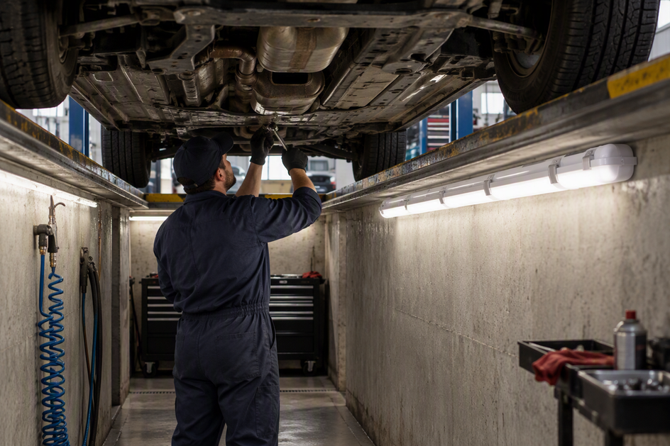 A vapor-tight LED fixture illuminates an automotive service pit beneath a raised vehicle while a technician works on the undercarriage.
