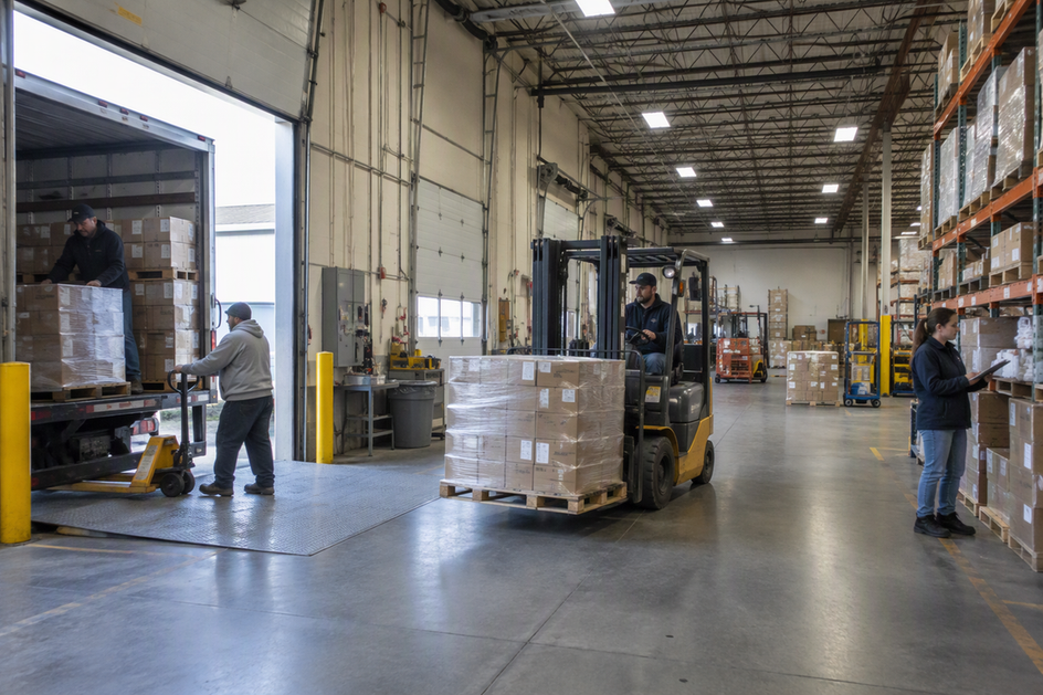 A warehouse worker handling a task near the loading area, with storage aisles visible deeper in the commercial space