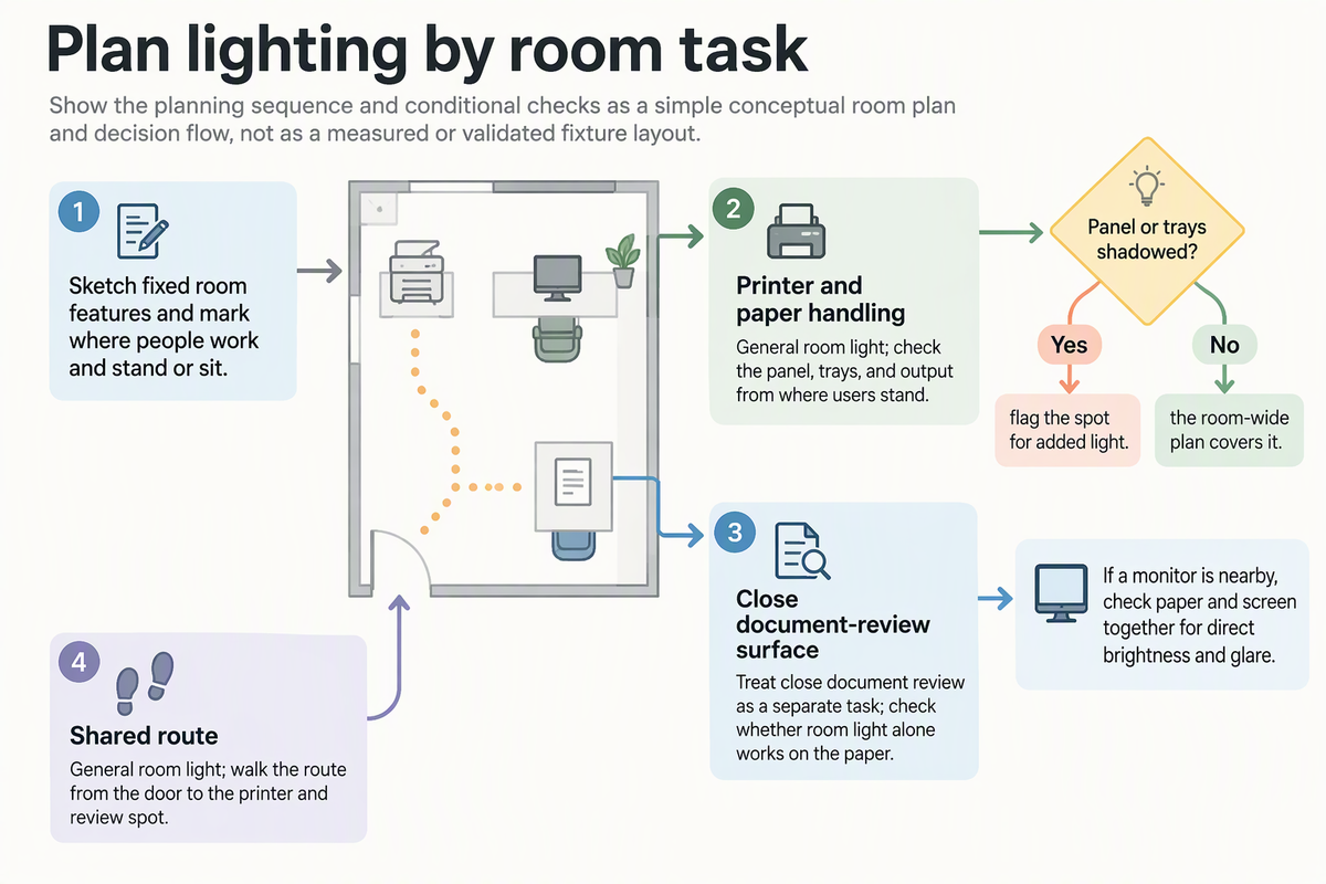 Conceptual room-planning diagram separates general lighting checks for the printer and shared route from a task-light and glare check at the review surface.