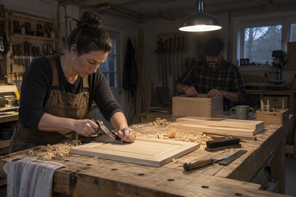 Two people work from opposite sides of a shared bench under one overhead shop light; the near-side task is lit while the far-side work is partly shadowed.