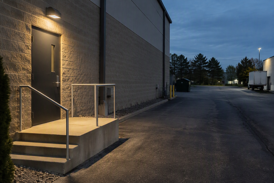 A commercial side door opens directly onto a vehicle lane at night. One exterior wall light illuminates the landing, with light falling off across the adjacent pavement.