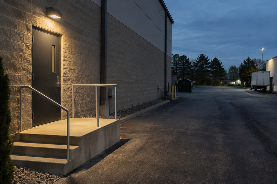 A commercial side door opens directly onto a vehicle lane at night. One exterior wall light illuminates the landing, with light falling off across the adjacent pavement.