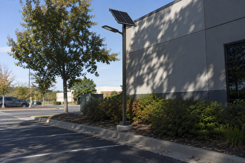 A solar street light at the edge of a commercial parking lot, with nearby trees and building shadows illustrating why panel exposure needs to be checked.