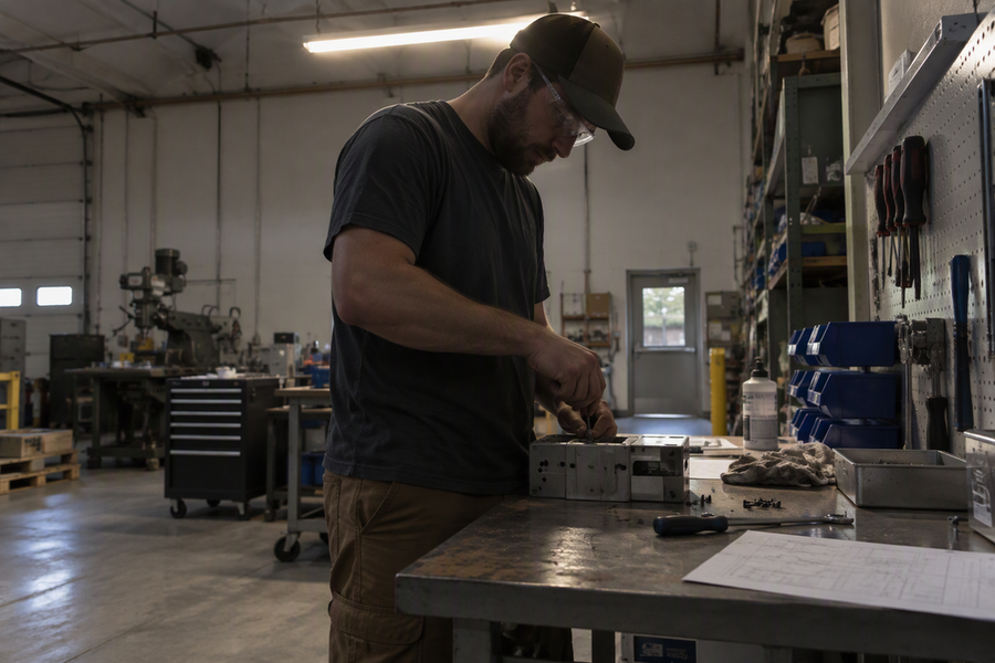 A standing worker leans over an assembly table as their arm casts a shadow across the work area beneath an overhead shop light.
