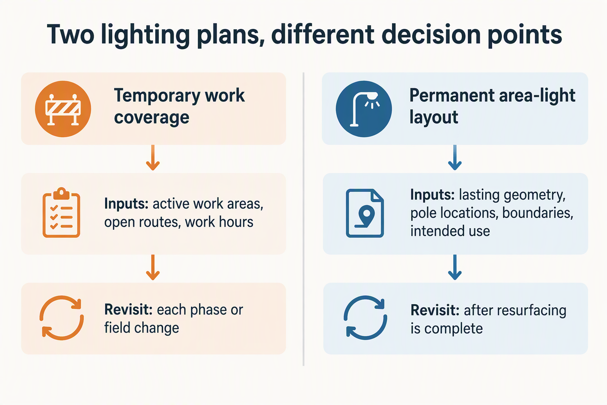 Diagram separating temporary work coverage, reviewed at each phase or field change, from permanent area-light planning after resurfacing is complete.