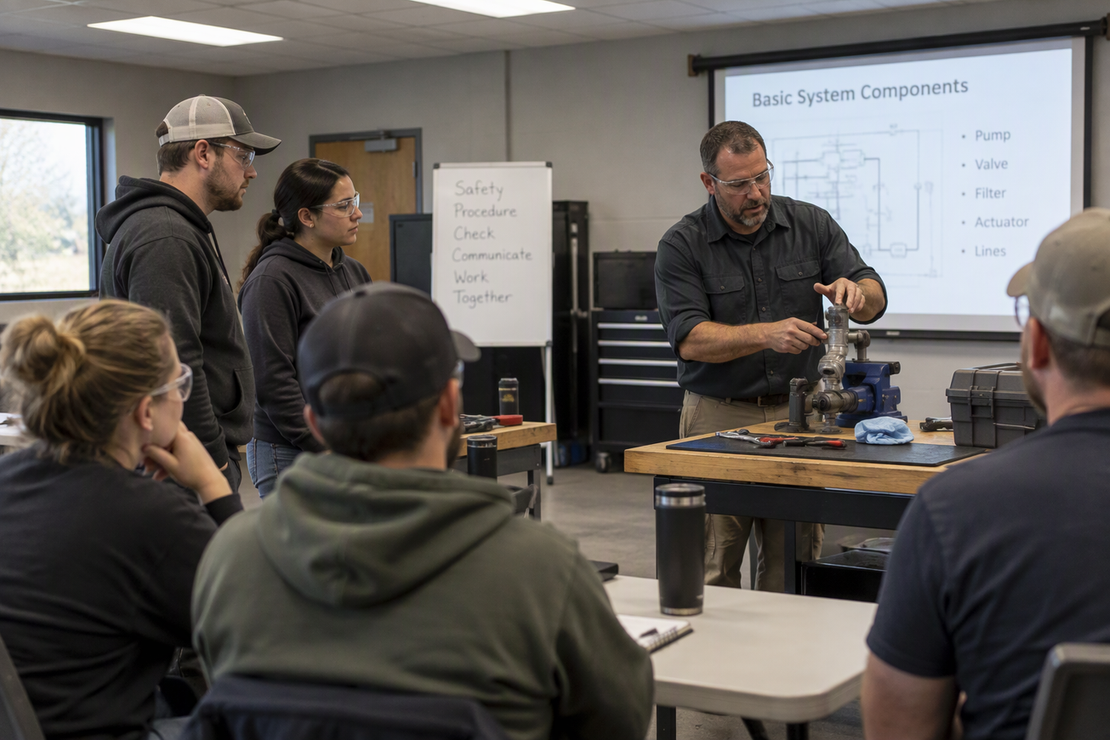 An instructor leads a hands-on demonstration in a training room with workbenches, participants, a presentation screen, and ceiling lights visible.