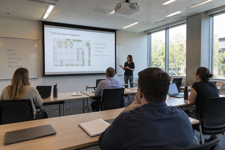 Commercial training room during a lighting walkthrough, with the projection screen, participant tables, windows, and ceiling fixtures visible.