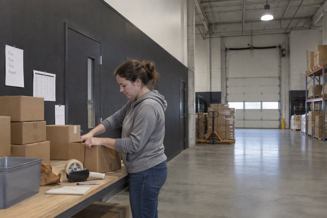 Worker packing a carton beside a dark partition in a commercial work area with contrasting floor and wall finishes, under a ceiling-mounted industrial light.