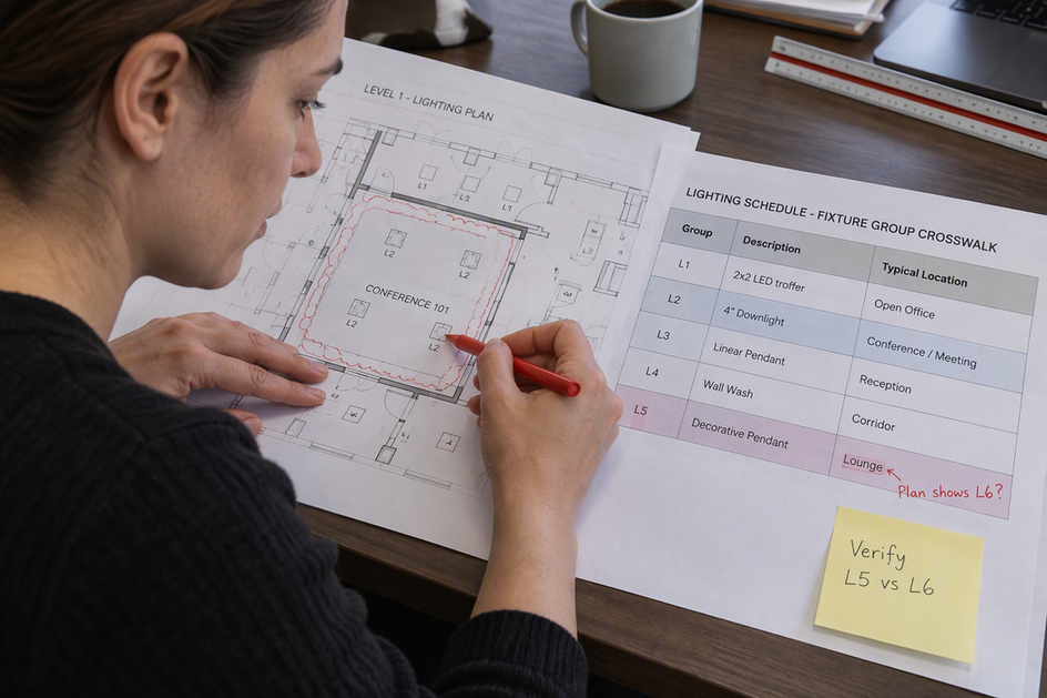 A project coordinator compares a commercial lighting schedule, a room plan, and a crosswalk worksheet, with one unresolved row left open.