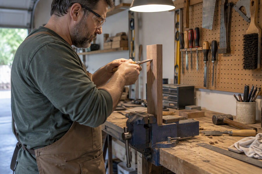 A worker tests lighting on an upright workpiece at a garage bench, with hands and tools in position and part of the face shaded.