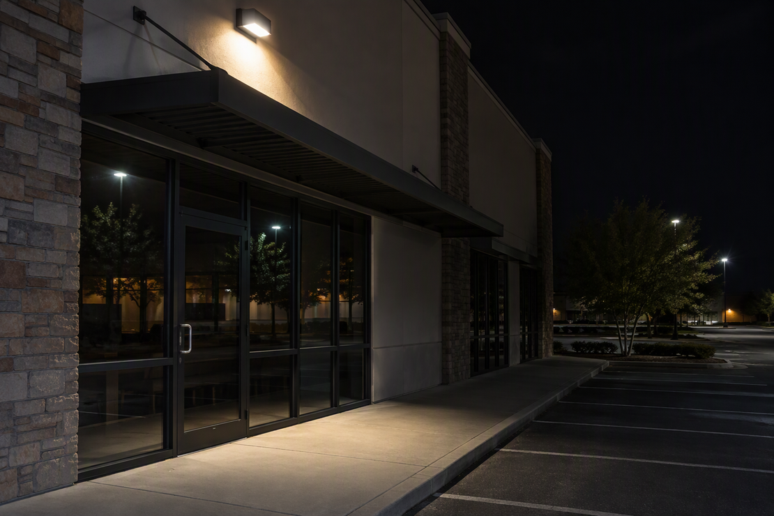 A wall pack above a storefront awning lights part of the facade while the walkway below remains partly shaded.
