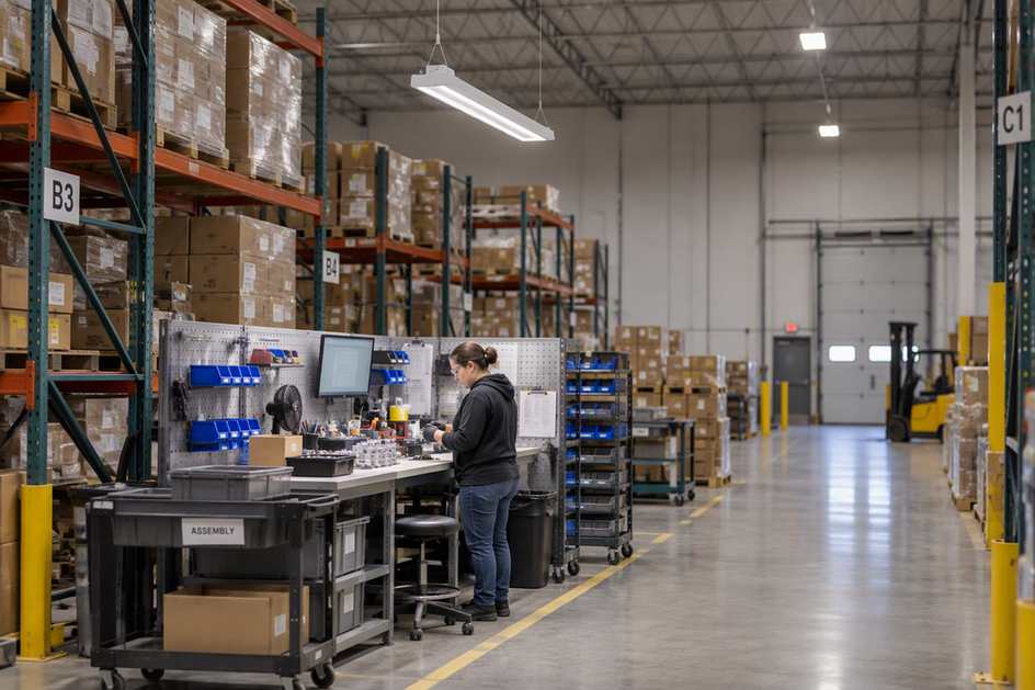 Warehouse assembly cell beside storage racks, with an operator at a bench and a linear high-bay fixture visible overhead.