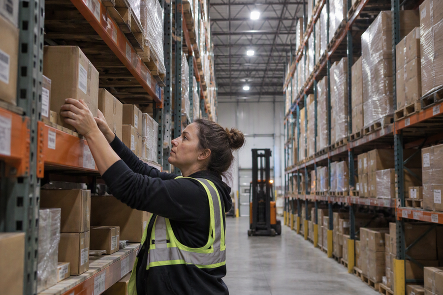Warehouse worker reading a rack label in a narrow aisle beneath tall pallet racks and overhead structural beams.