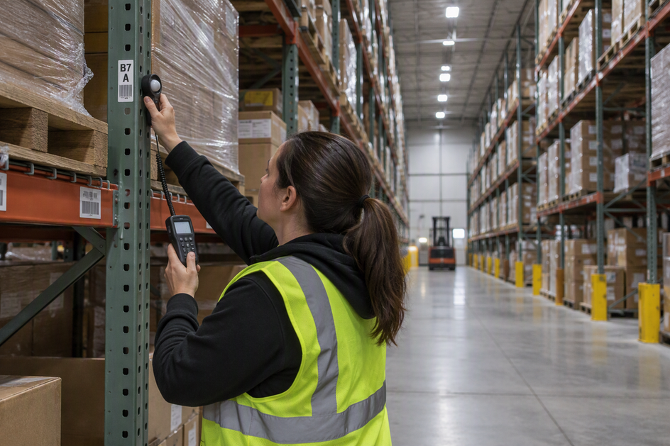 A warehouse worker checks a light meter at a rack face beneath existing high-bay lights.